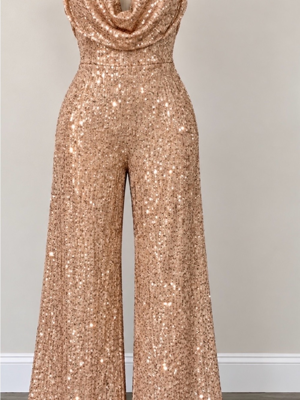 Sequin Wide-Leg Jumpsuit in Rose Gold